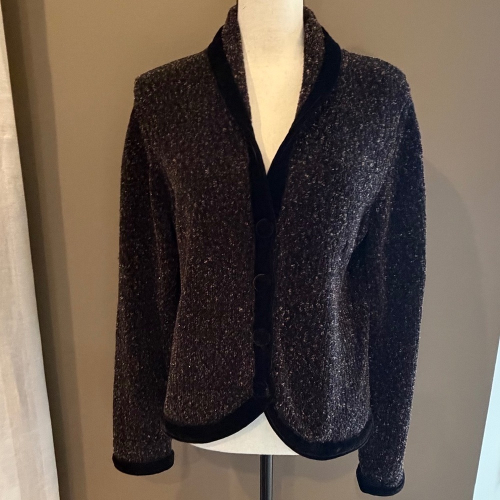 Christopher & Banks Chenille chocolate cardigan with velvet trim, Size Large